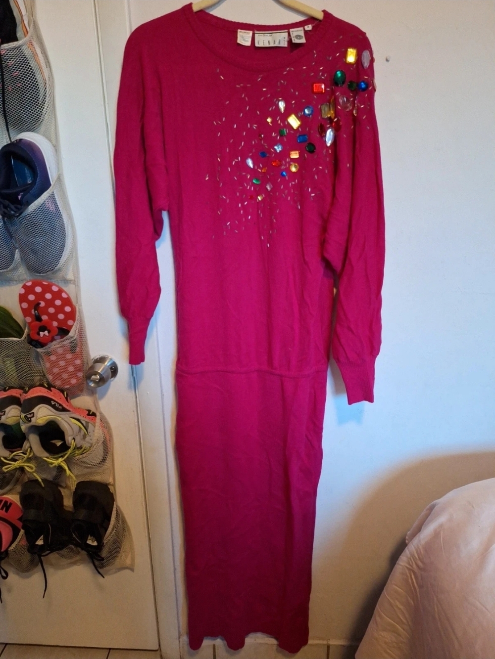 Kenar Vintage 80s Hot Pink Embellished Sweater with Multicolor Jewels